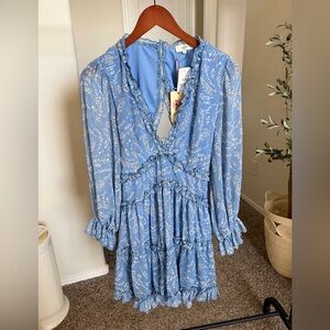 Entro Blue Floral Ruffle Tiered Boho Dress Long Sleeve NWT Size M